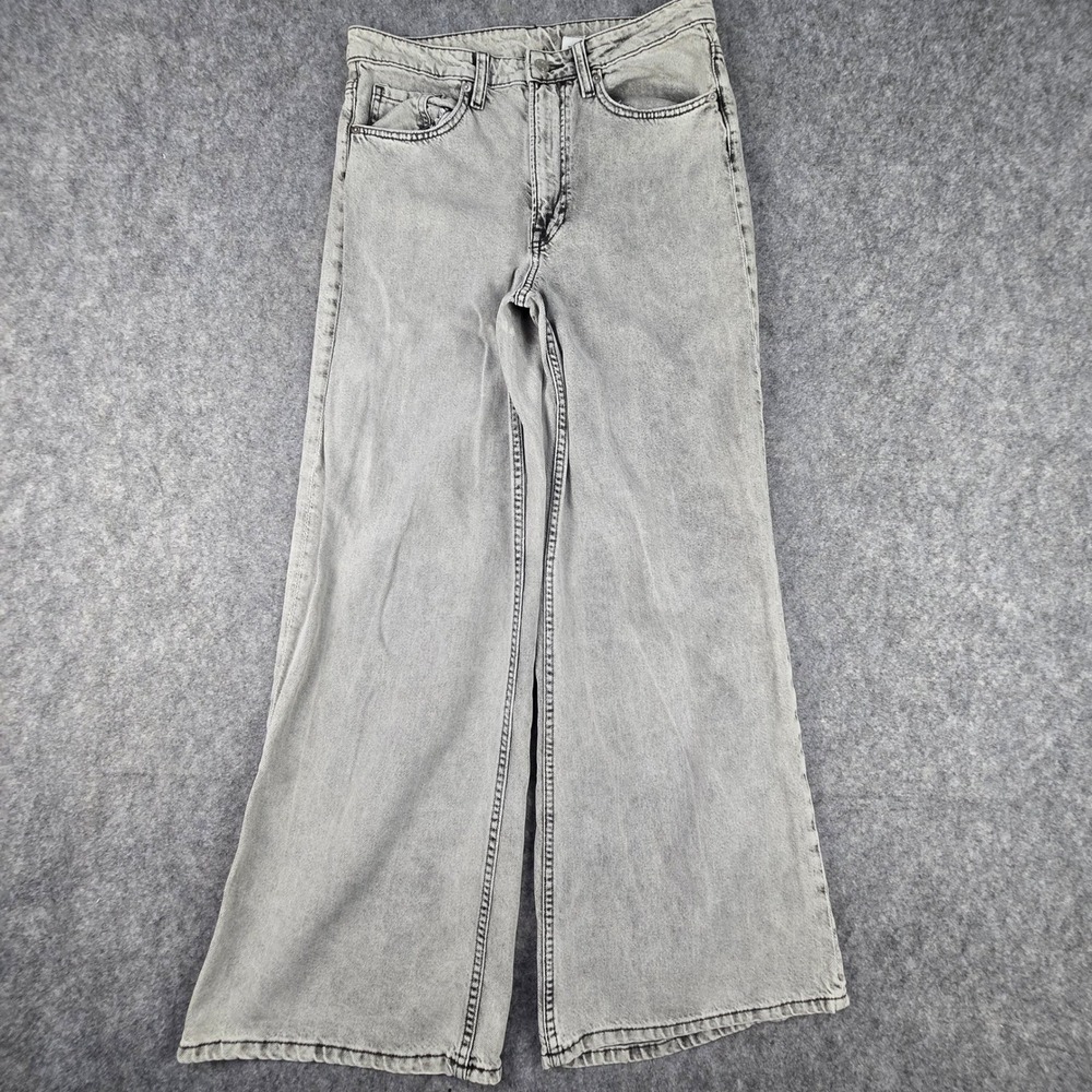 H&M &Denim Wide Leg Jeans Womens 8 Grey Ultra High Waist Acid Wash Regular Fit